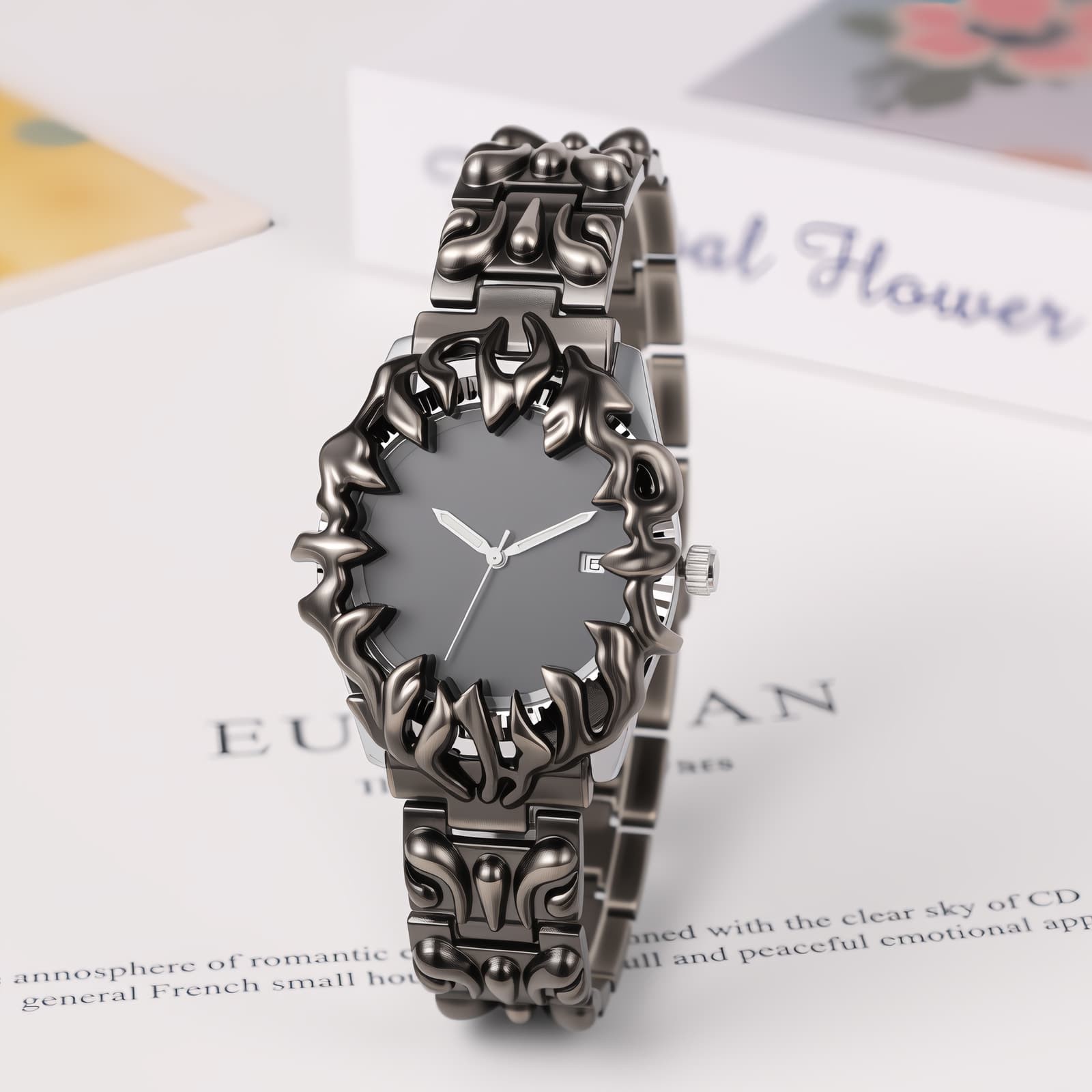 Men Punk Y2K Embossed Flame Adjustale Strap Date Luminous Wrist Watch for Party