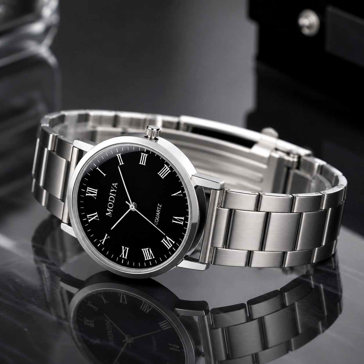 Men’s Silver Quartz Watch Stainless Steel Band Black Roman Numeral Dial