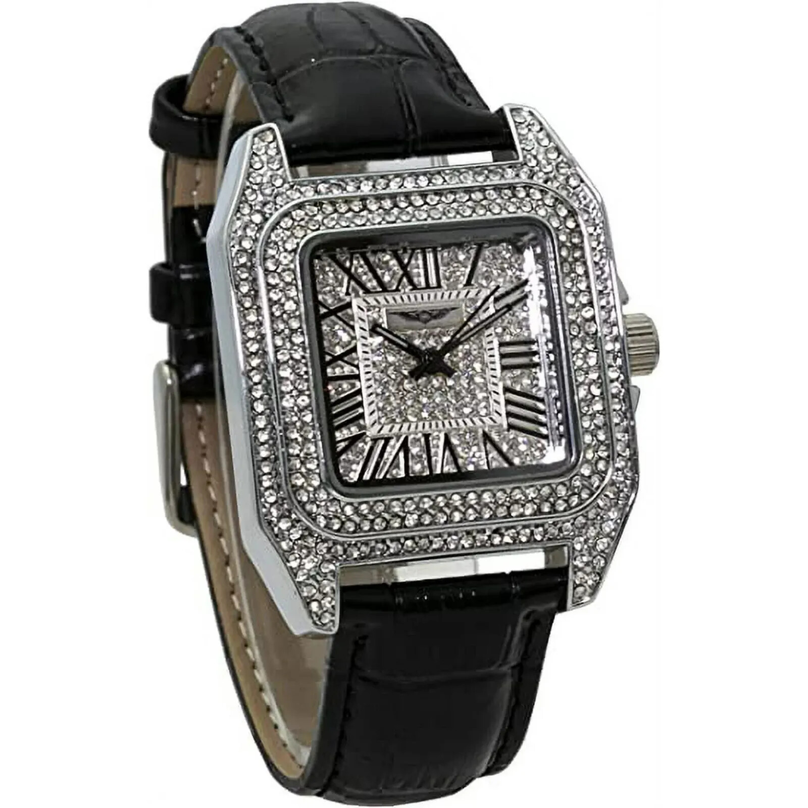 Blekon Collections Women’s 35mm Square Rhinestone Dial Leather Strap Watch New