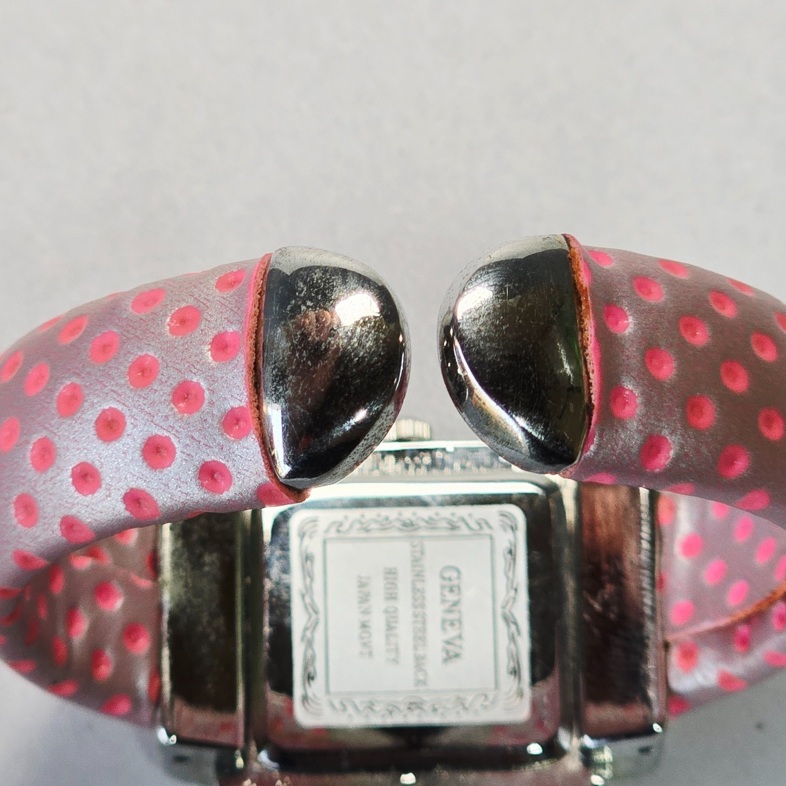 Geneva Bangle Watch Pink Polka Dot Quartz G Shape Bezel Vintage 2000s Retro
