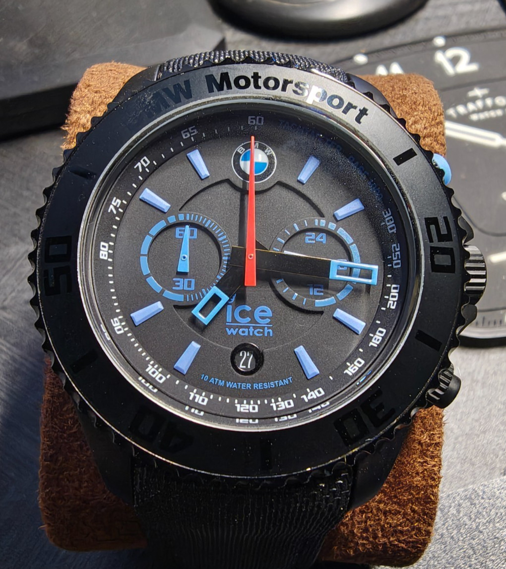 BMW Motorsports Watch by ICE – Black w/blue accents – Blk sailcloth strap GREAT!