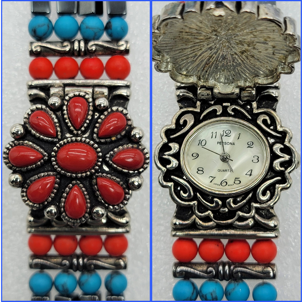 Persona Ethnic Southwest Watch 29mm Red Blue Howlite Silver Tone, Runs