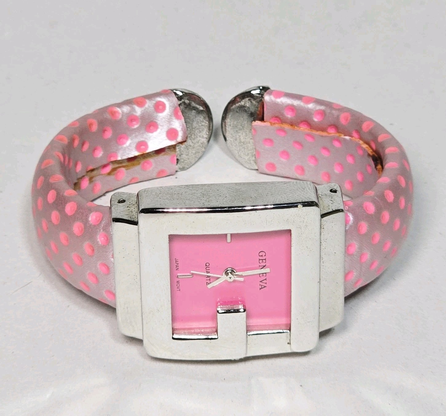 Geneva Bangle Watch Pink Polka Dot Quartz G Shape Bezel Vintage 2000s Retro