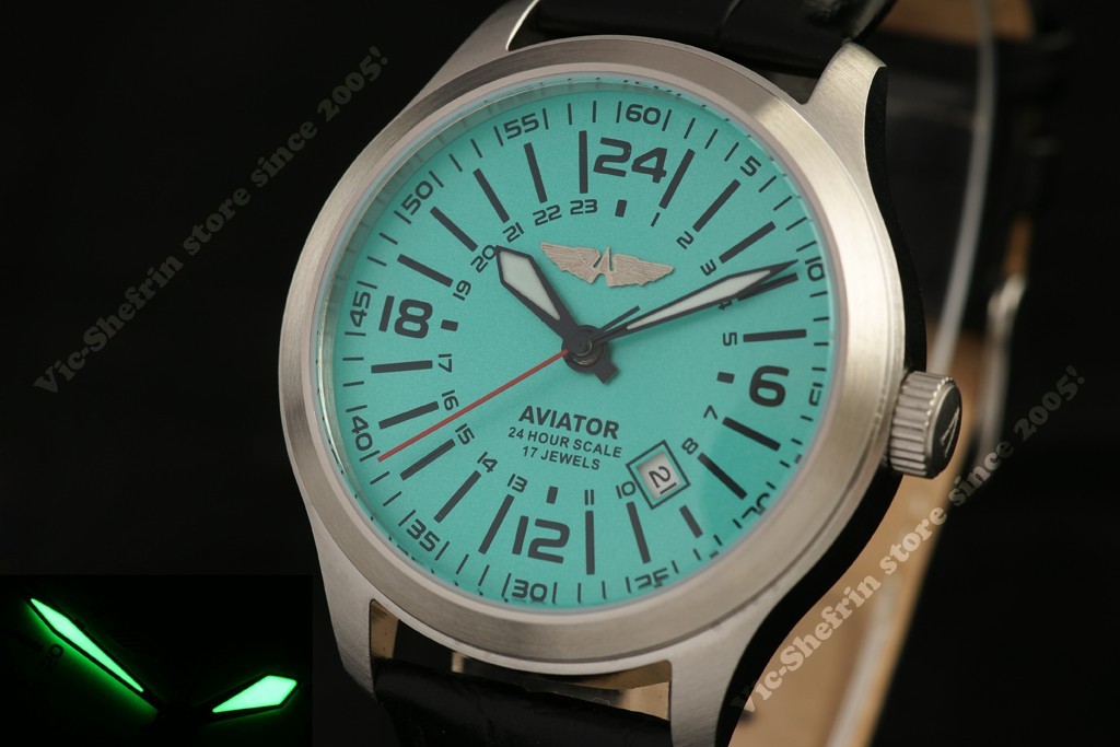 Automatic 24H mode mechanical wristwatch Raketa AVIATOR Russian MILITARY style