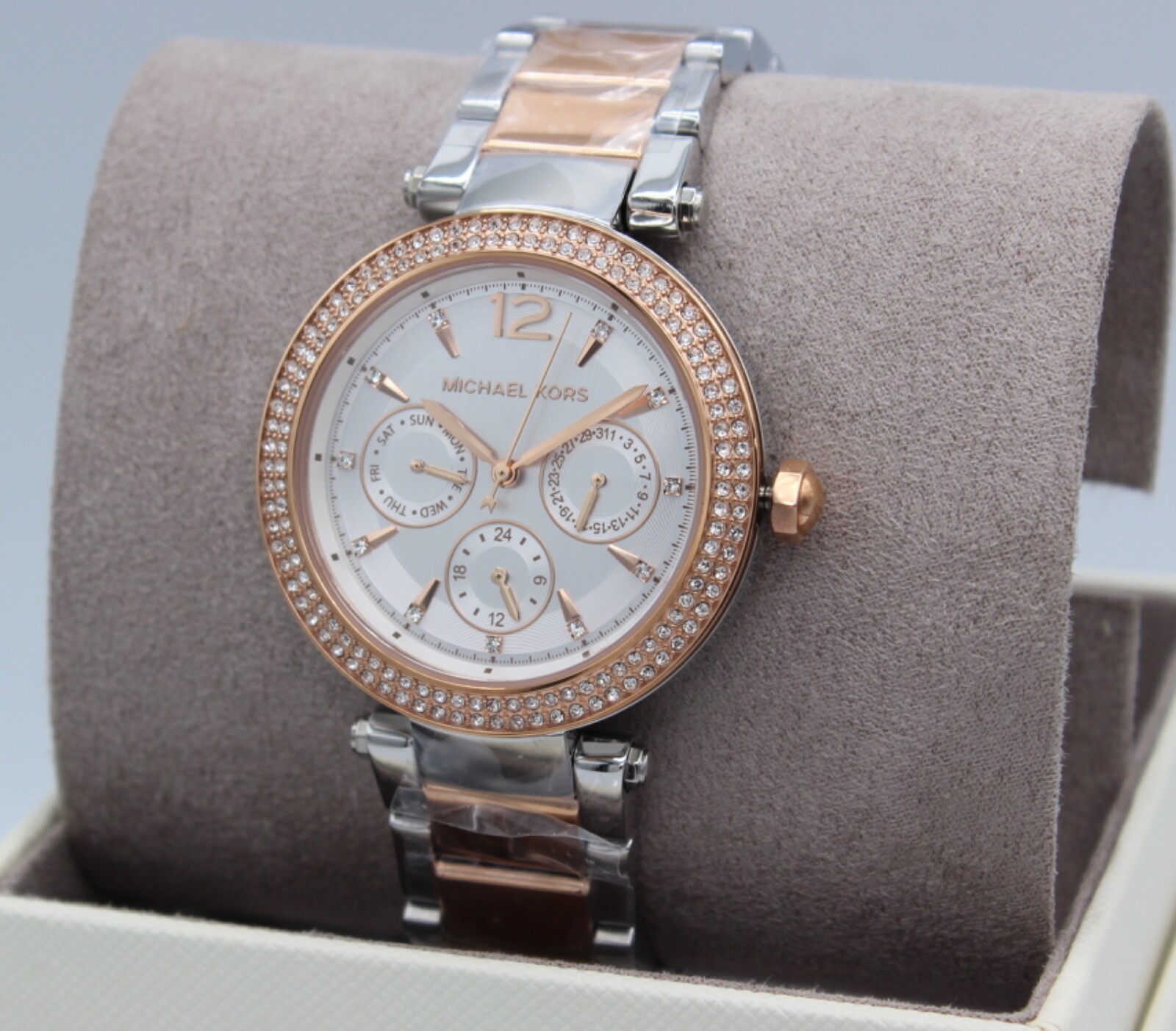NEW AUTHENTIC MICHAEL KORS PARKER CHRONO SILVER ROSE GOLD MK6301 WOMEN’S WATCH