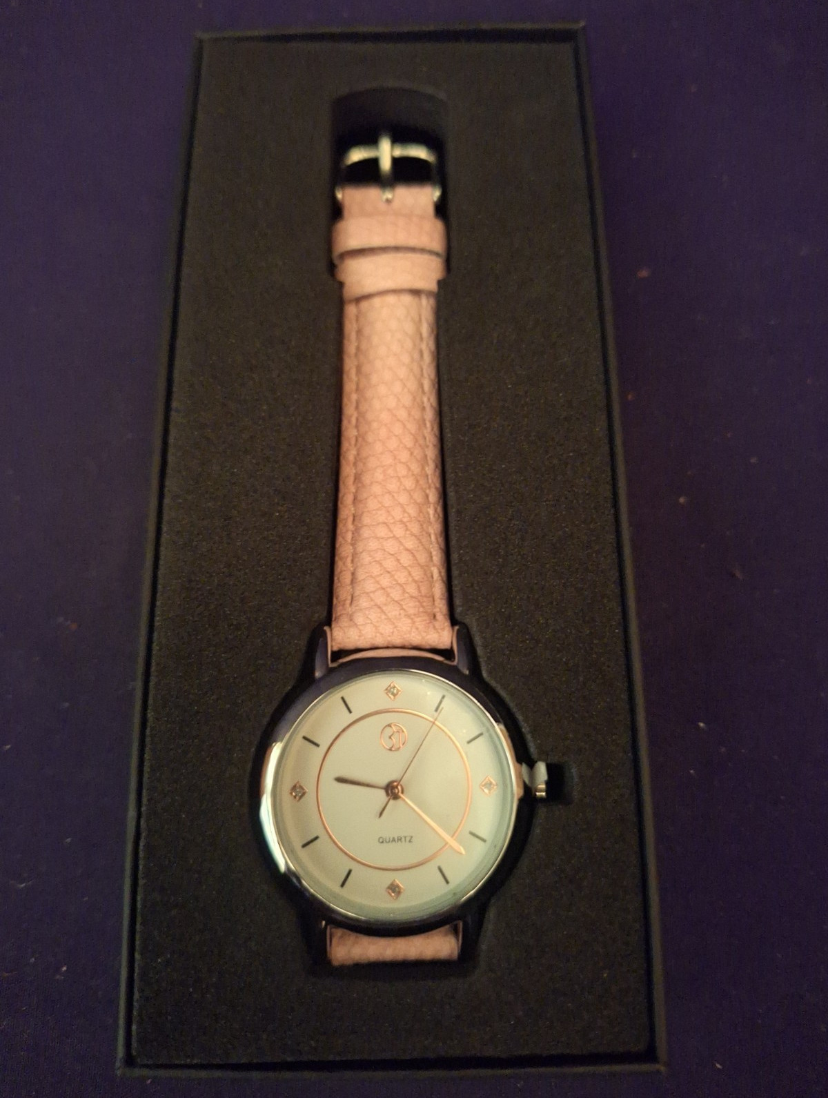 Quartz Analog Wristwatch White Dial Stick/Diamond Markers Pink Leather Box