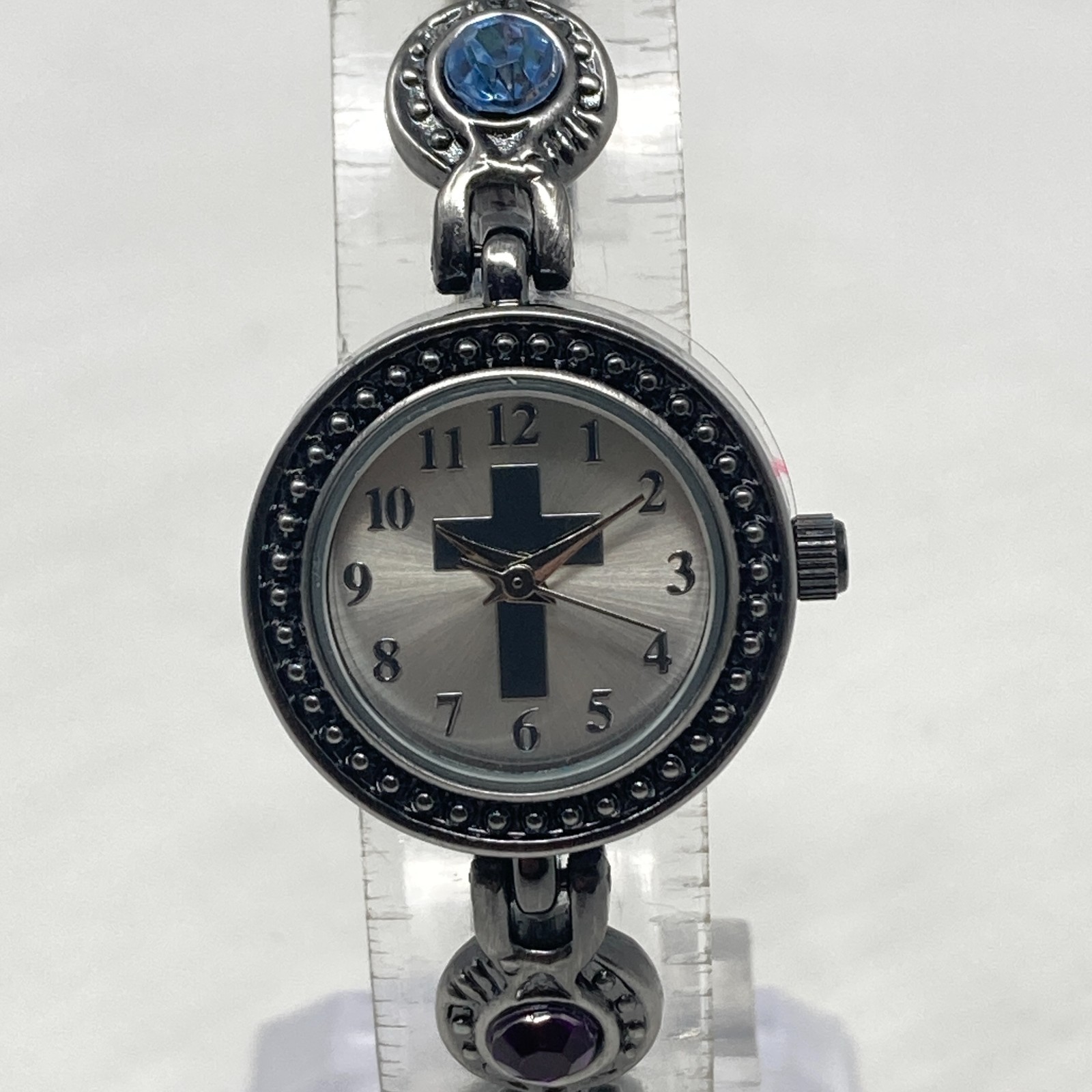 Cross Watch Women 22mm Silver Tone Rainbow Crystals Christian New Battery 6.75″