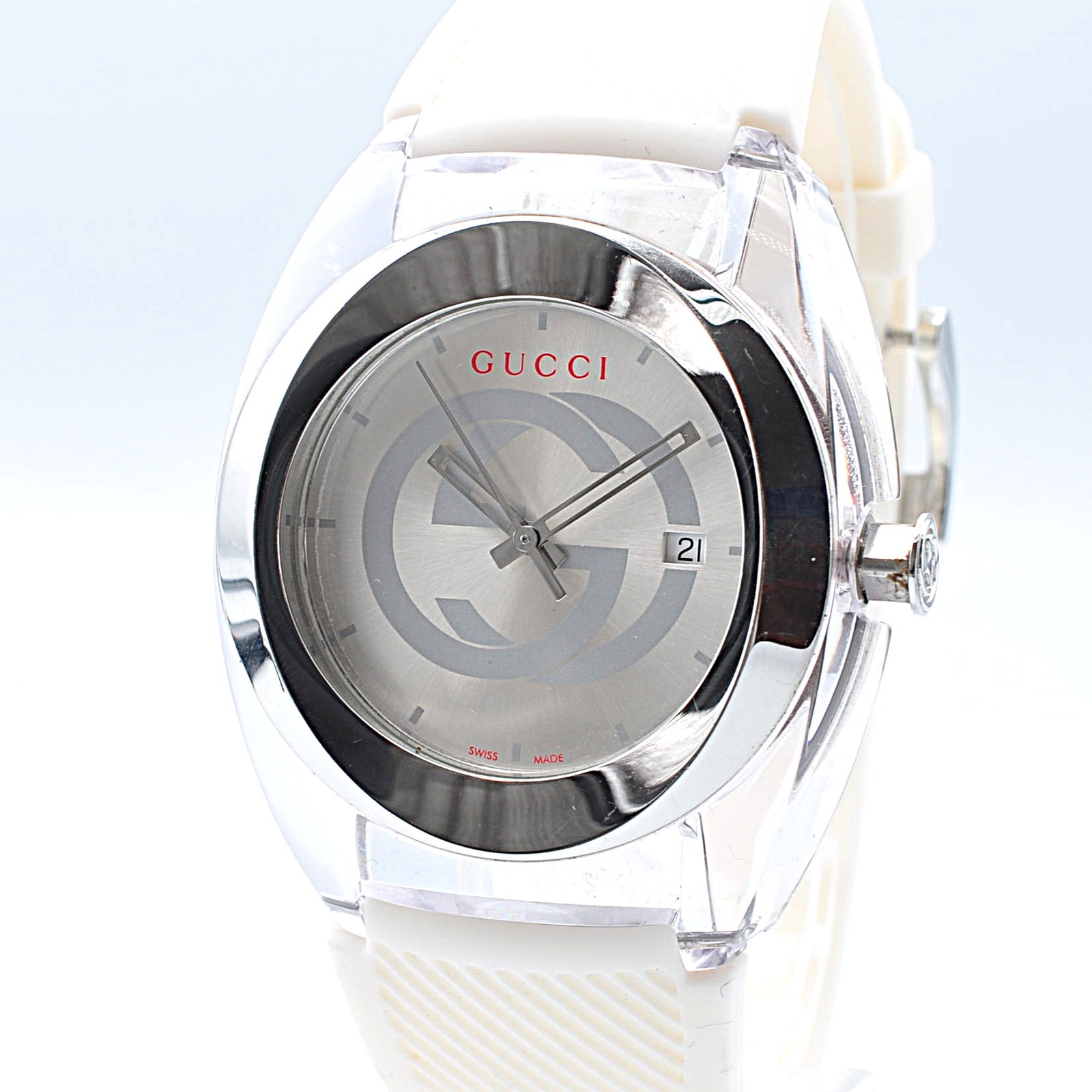 GUCCI 137.1 SYNC Quartz WatchTransparent Resin Men’s White Rubber Auth w-1051