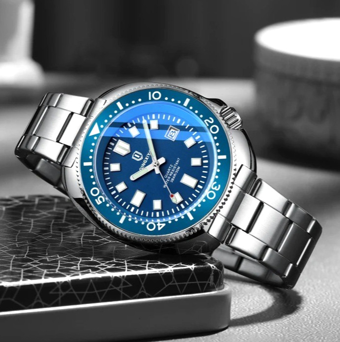 44MM QINGXIYA Tuna Quartz Mens Watch Stainless Steel 30M Waterproof Luminous NEW