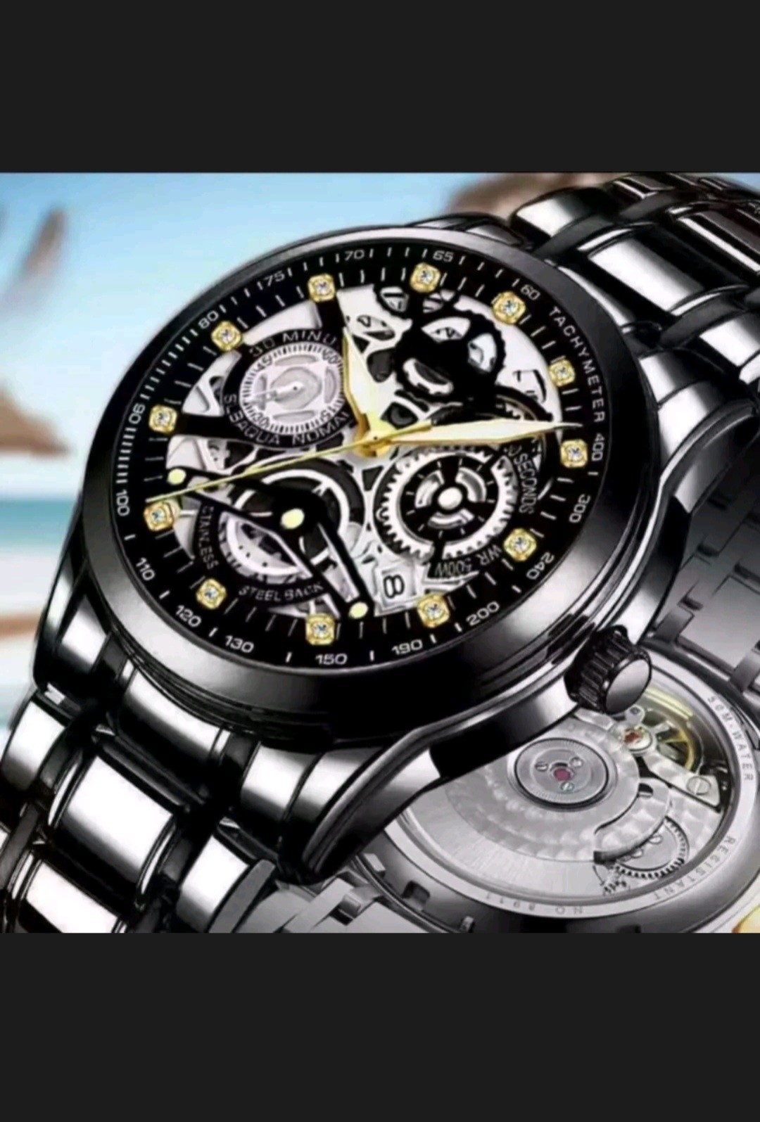 Men’s Stainless Steel Skeleton Dial Watch Black Bracelet Tachymeter Exhb Bk