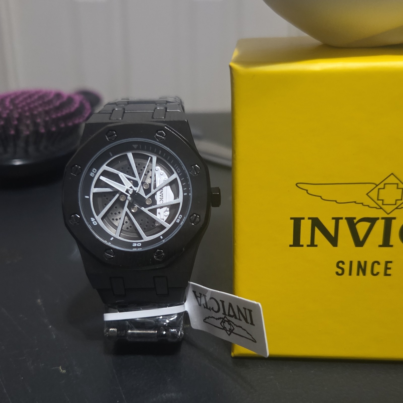 Invicta Men’s Quartz Skeleton Dial Black Stainless Steel Bracelet Watch w/ Box
