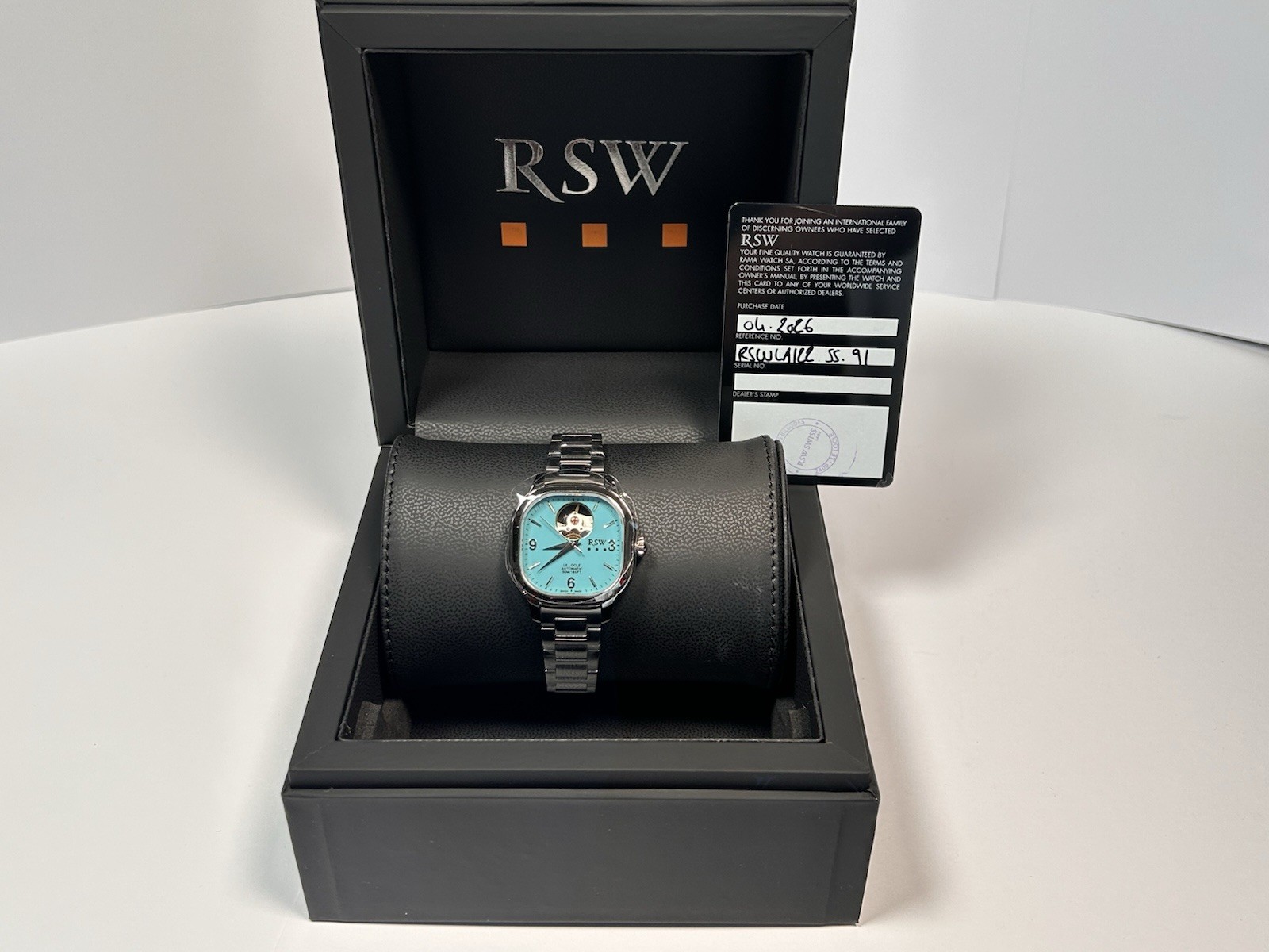 Cushion Automatic Watch Turquoise Blue Open Heart 34mm Steel Swiss Made NEW