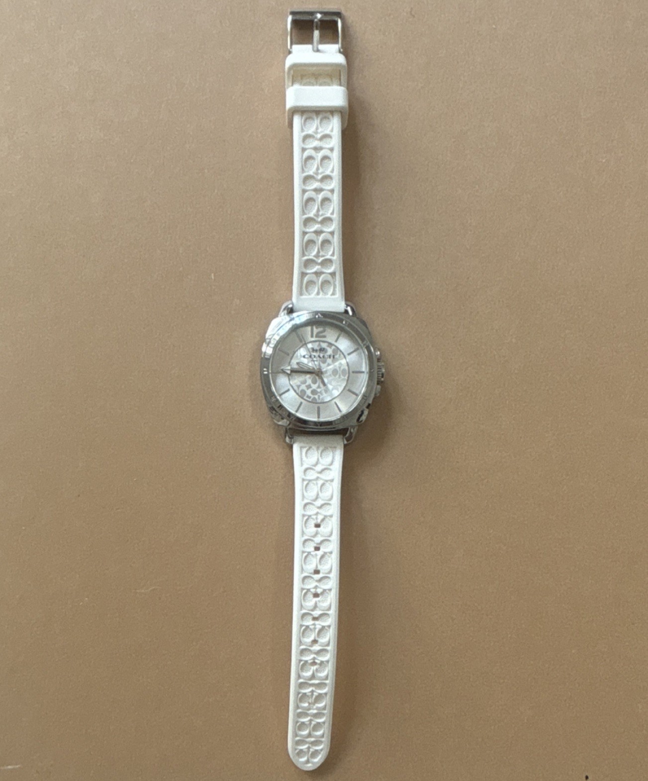 Coach Women’s Boyfriend Watch 14503146, White Rubber Strap, Silver Face 34mm