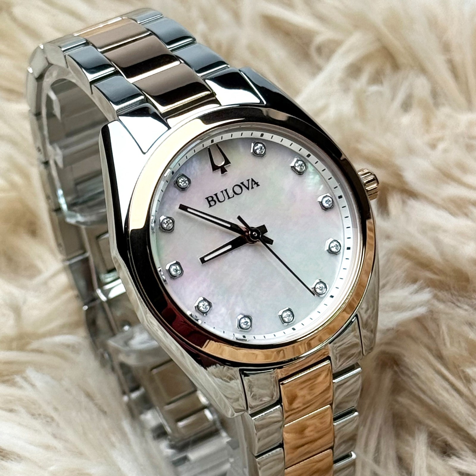 Bulova Surveyor Mother of Pearl White Dial Rose Gold Strap Women’s Watch 98P207