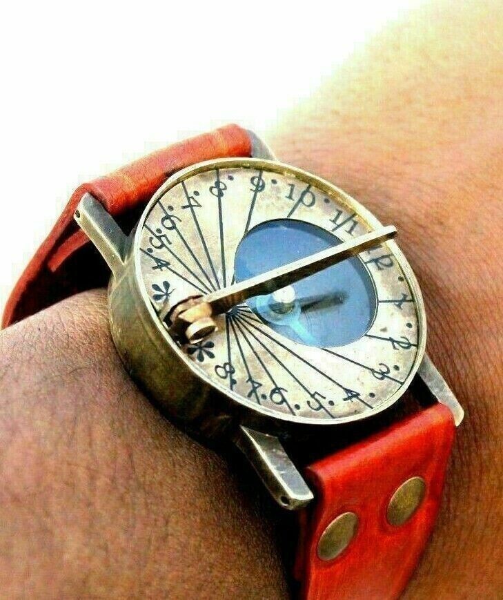 Compass Wrist Watch Brass Sundial Nautical Leather Steampunk