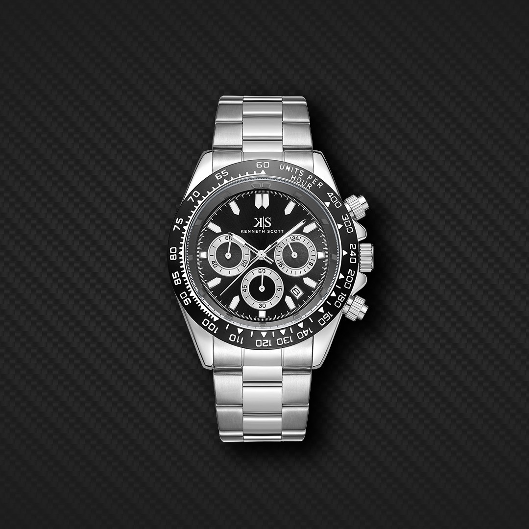 Kenneth Scott Men’s Multi Function Watch | Black Dial, Silver Case & Strap