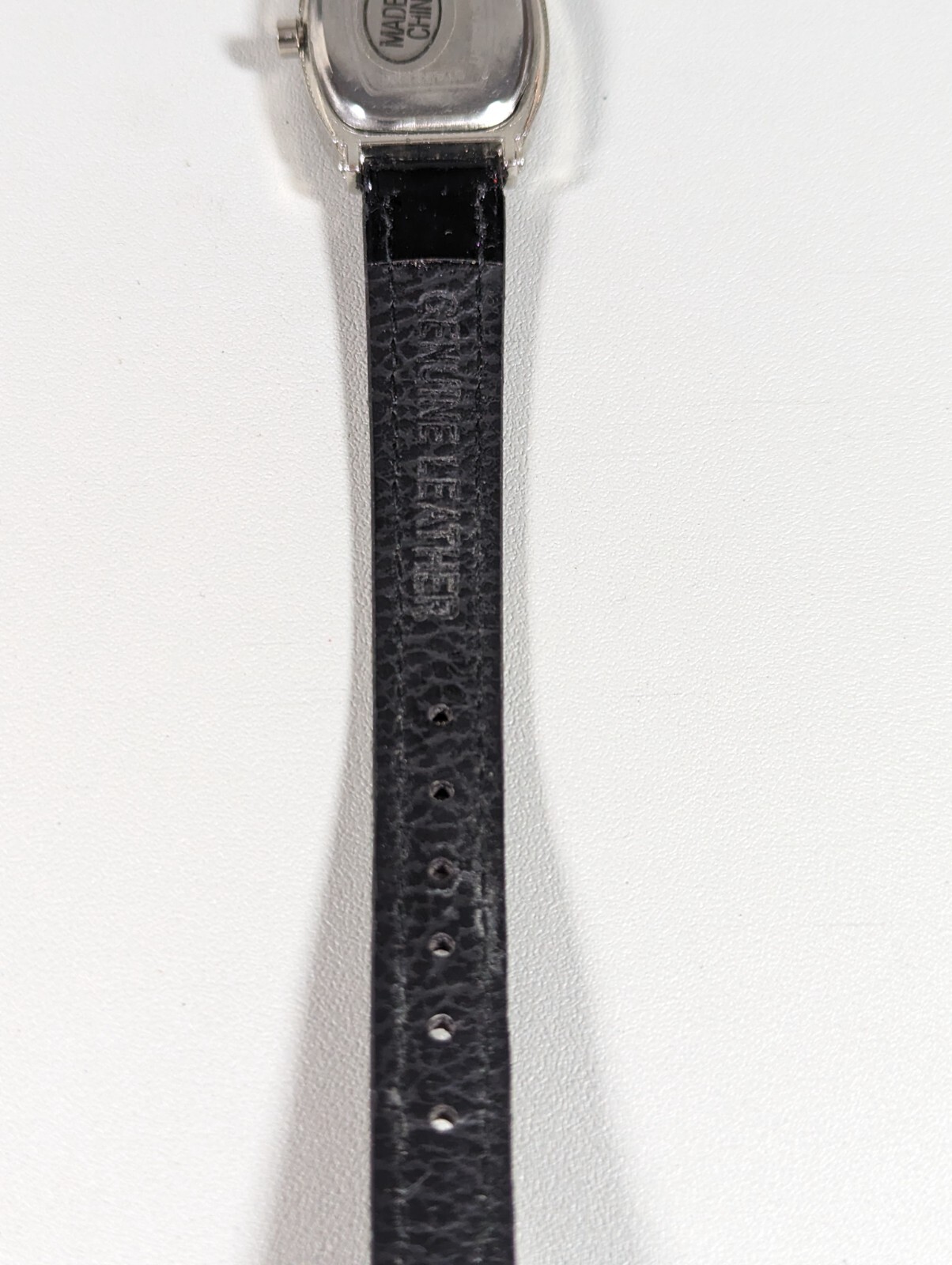 Silver Tone Dial Rectangle Case Black Leather Band Watch
