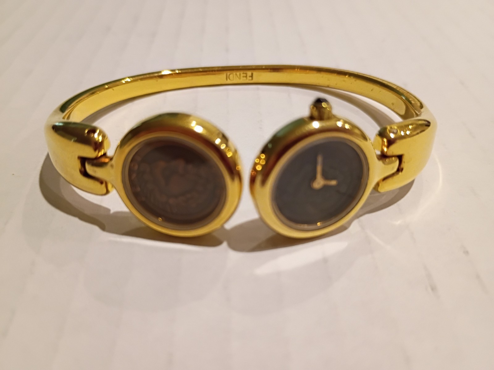 Fendi 1925 Double Greek Roman Face Bangle Bracelet Watch Coin Motif Vintage