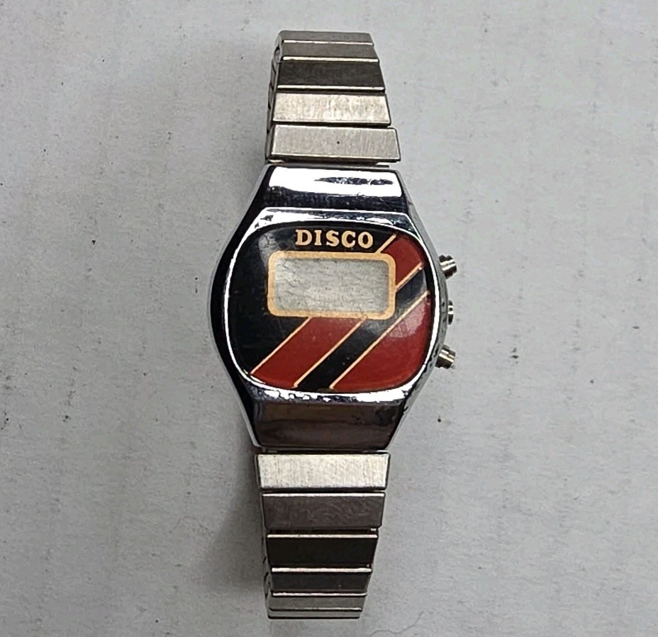 Disco Quartz Watch Retro Style Black / Red, Silver Tone Stretch Band