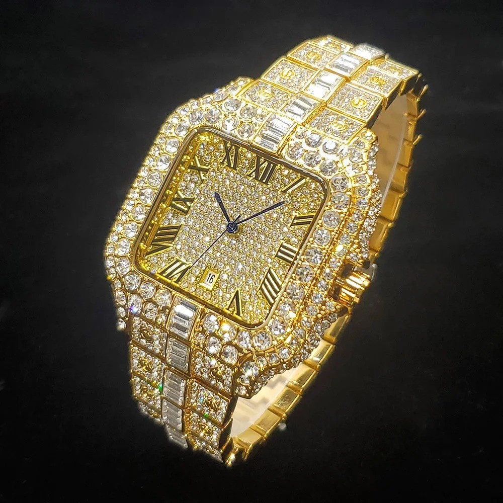 Men’s Luxury Iced Diamond Watch Rose Gold Square Quartz Waterproof Wristwatch