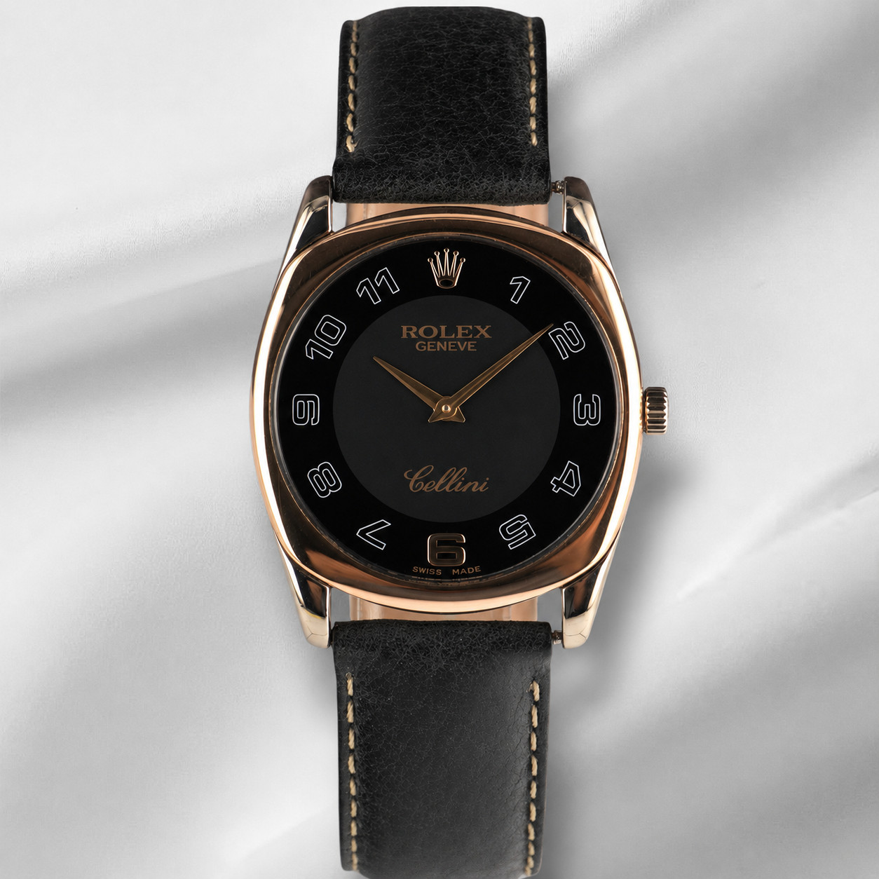 Rolex Cellini 33mm Danaos White Rose Gold Black Strap Mens Watch 4233/9