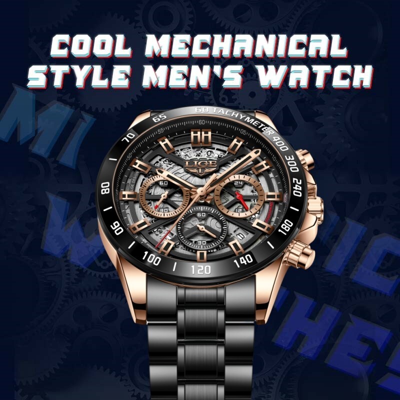 LIGE Men Watch Quartz Mechanical Date 3ATM Waterproof Stainless Steel Wristwatch