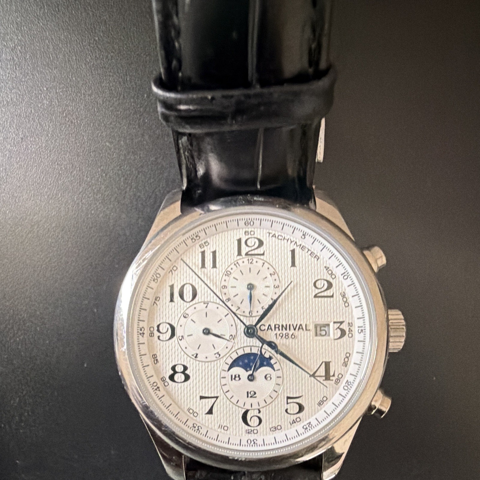 Carnival 1986 Automatic Chronograph Moon Phase Tachymeter 43mm Silver Dial