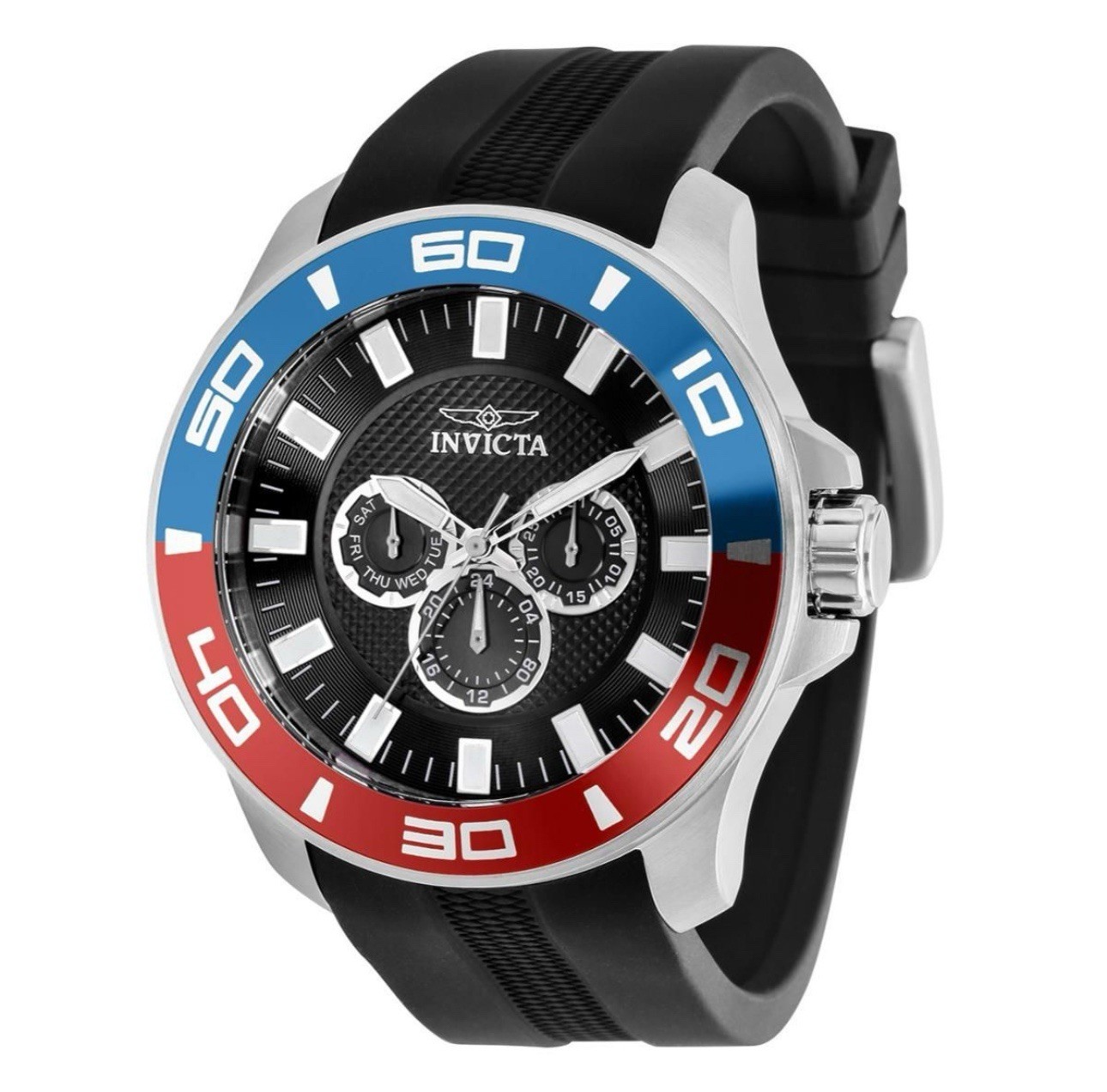 Invicta Pro Diver 50mm Red Blue Silver Stainless Steel Black Silicone Band 35740