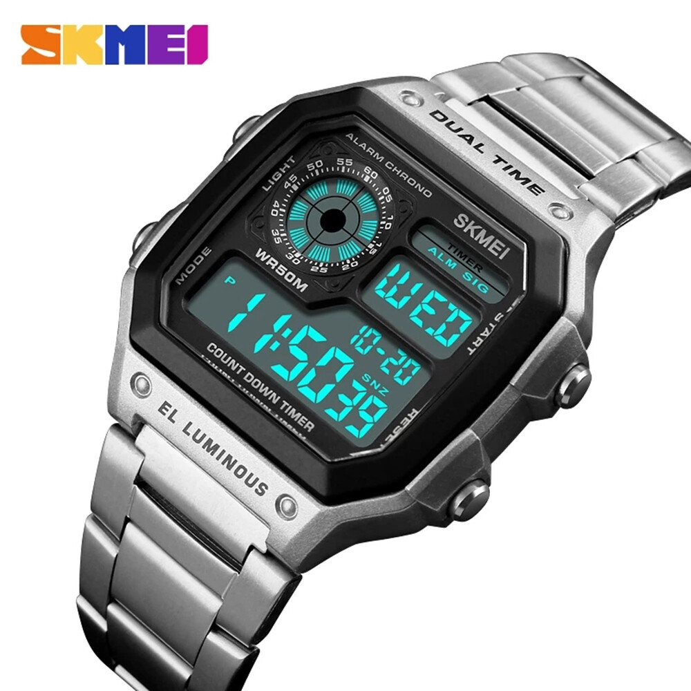 SKMEI Men Rectangle Watch LED Digital Wristwatch Gold Steel Male Alarm Watches