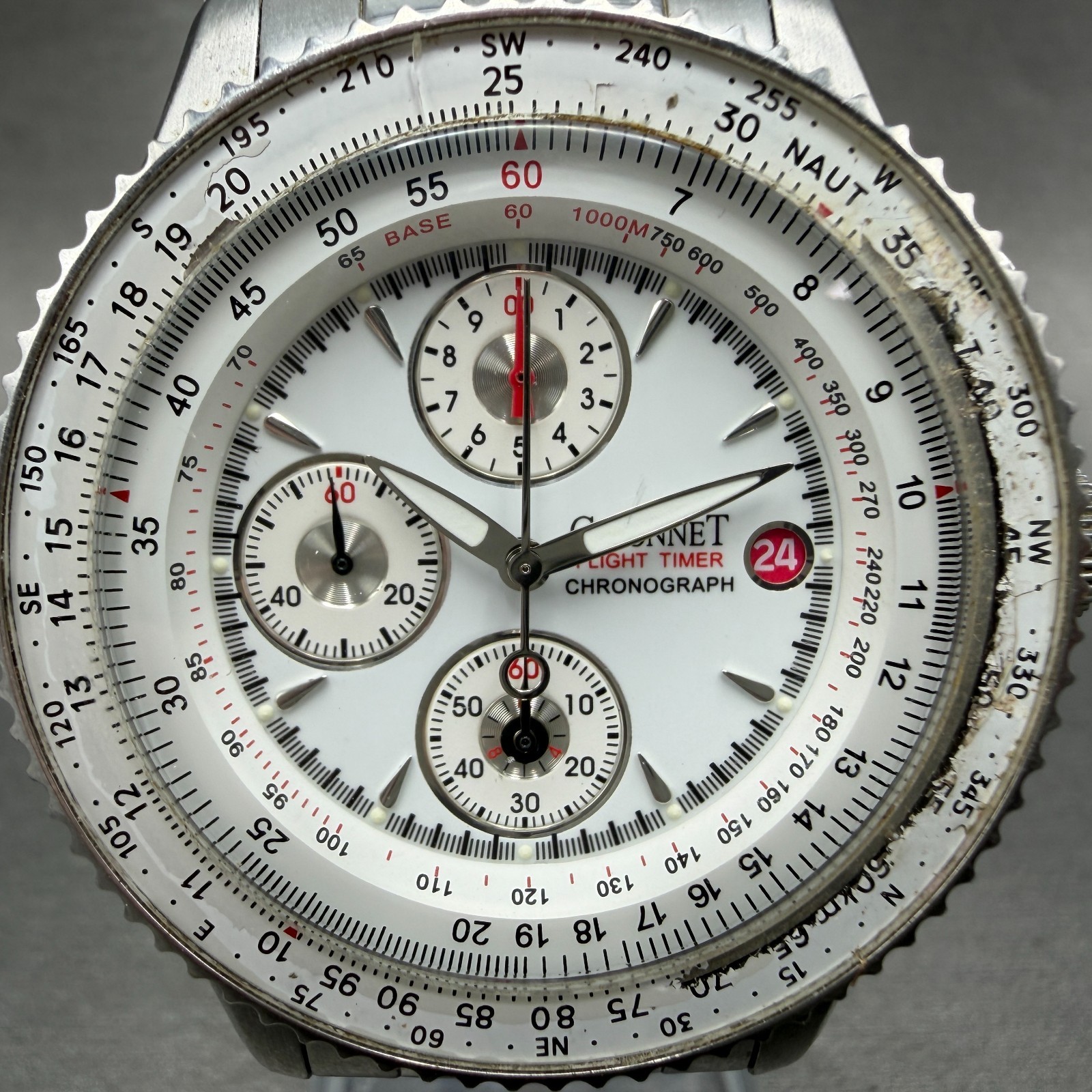 Guionnet Flight Timer Chronograph Watch Men 42mm White Dial Steel Date New BattA