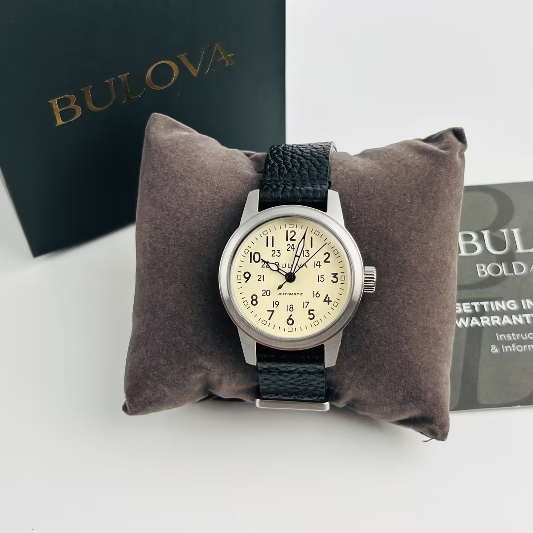 Bulova Hack 98A246 Ivory Dial Black Leather Strap Men’s Automatic Watch 38MM