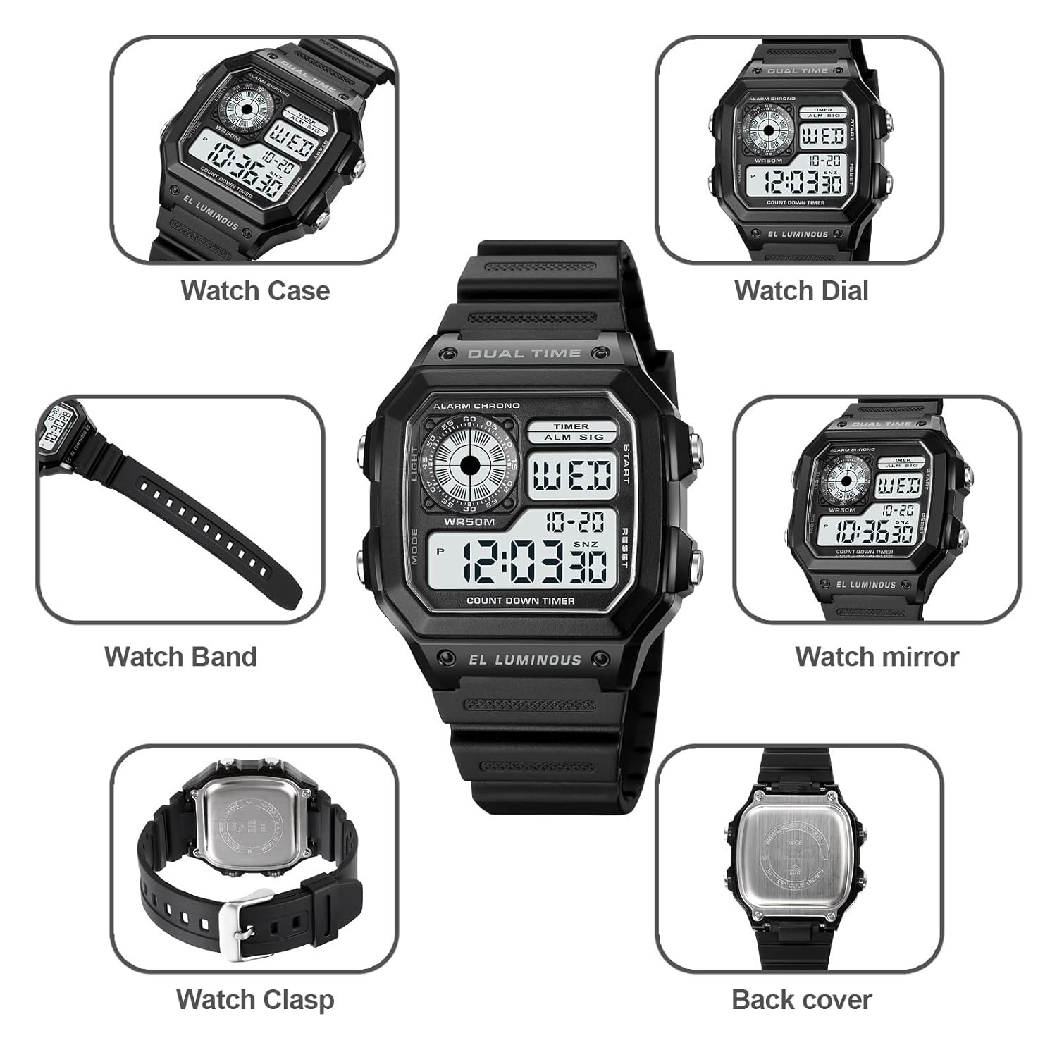 Men’s Digital Multi Function Watch Dual Time Alarm Stopwatch Countdown
