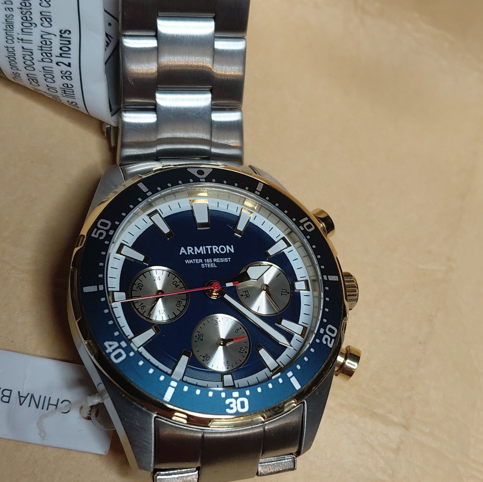 Armitron Quartz Analog Watch, Blue Dial, SS Bracelet, Day/Date, WR 165 ft