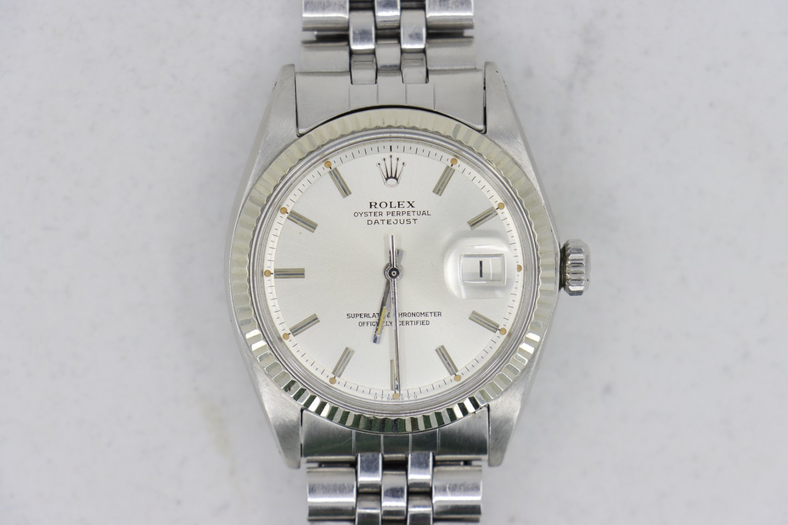 Rolex Datejust 1603 Silver Sigma Stick Dial Jubilee Fold Over Band Fluted Bezel