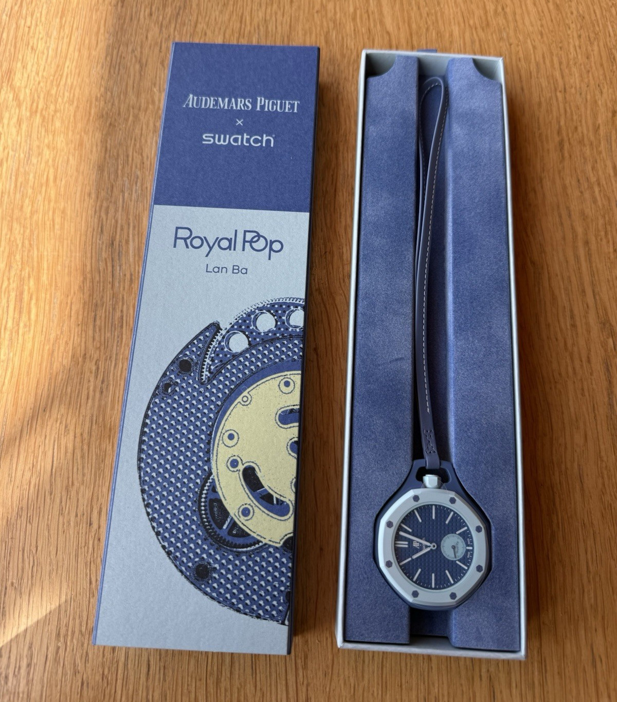 Swatch Royal Pop Lan Ba Blue Automatic 41mm Octagon Watch Leather Strap Box