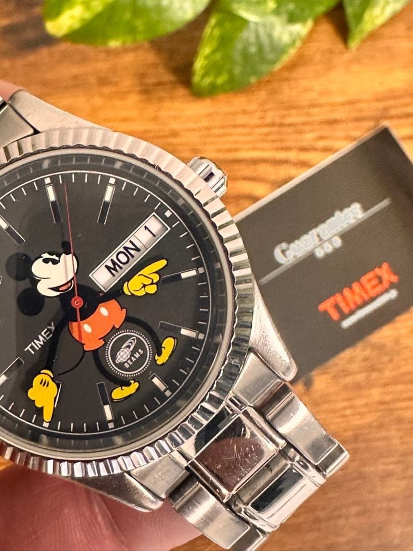 BEAMS × TIMEX Mickey Mouse Wristwatch Black/Silver Anime Manga from Japan Used