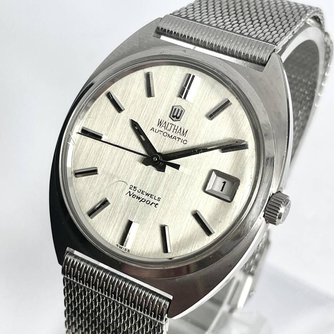 Waltham Newport Automatic 25 Jewels Vintage Silver Linen Dial Mens Watch 35mm