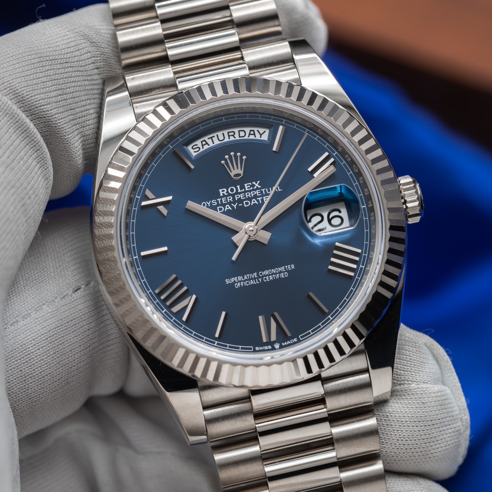ROLEX Day-Date 40 Blue Roman Dial White Gold President 228239