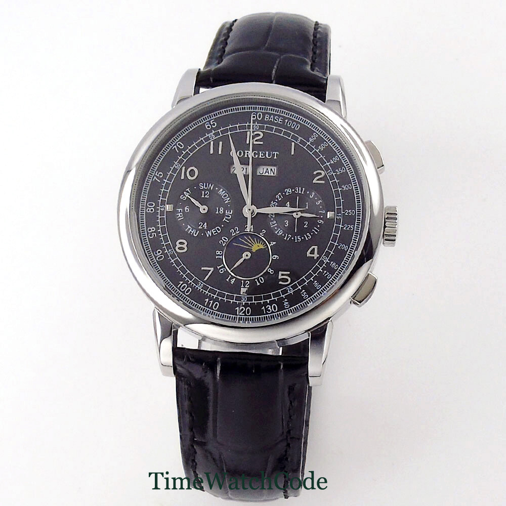 Corgeut 42mm Silver/Rose Gold Automatic Mens Watch Day Date Month Year Day/Night
