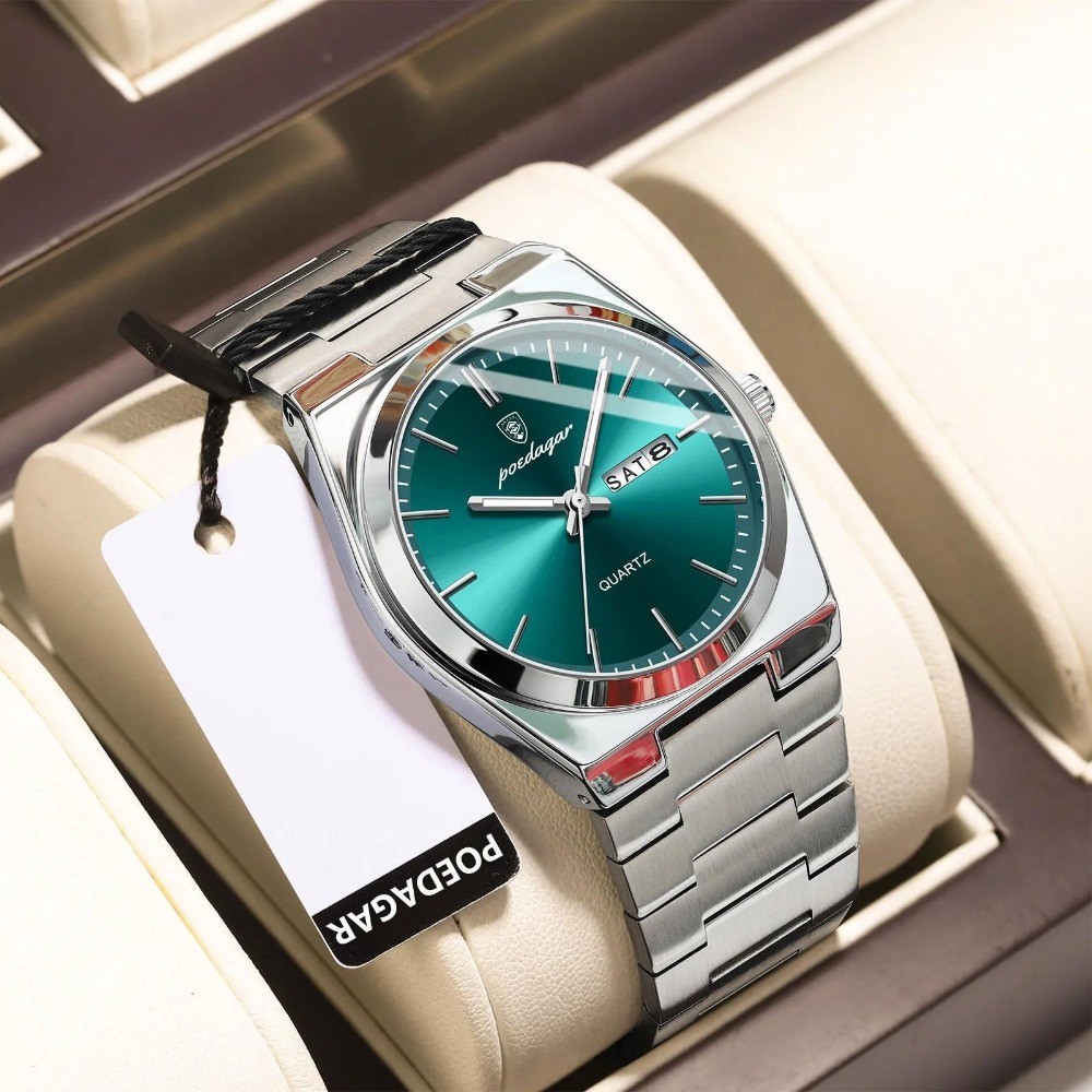 POEDAGAR Men Waterproof Luminous Date Week Stainless Steel Casual Quartz Watch