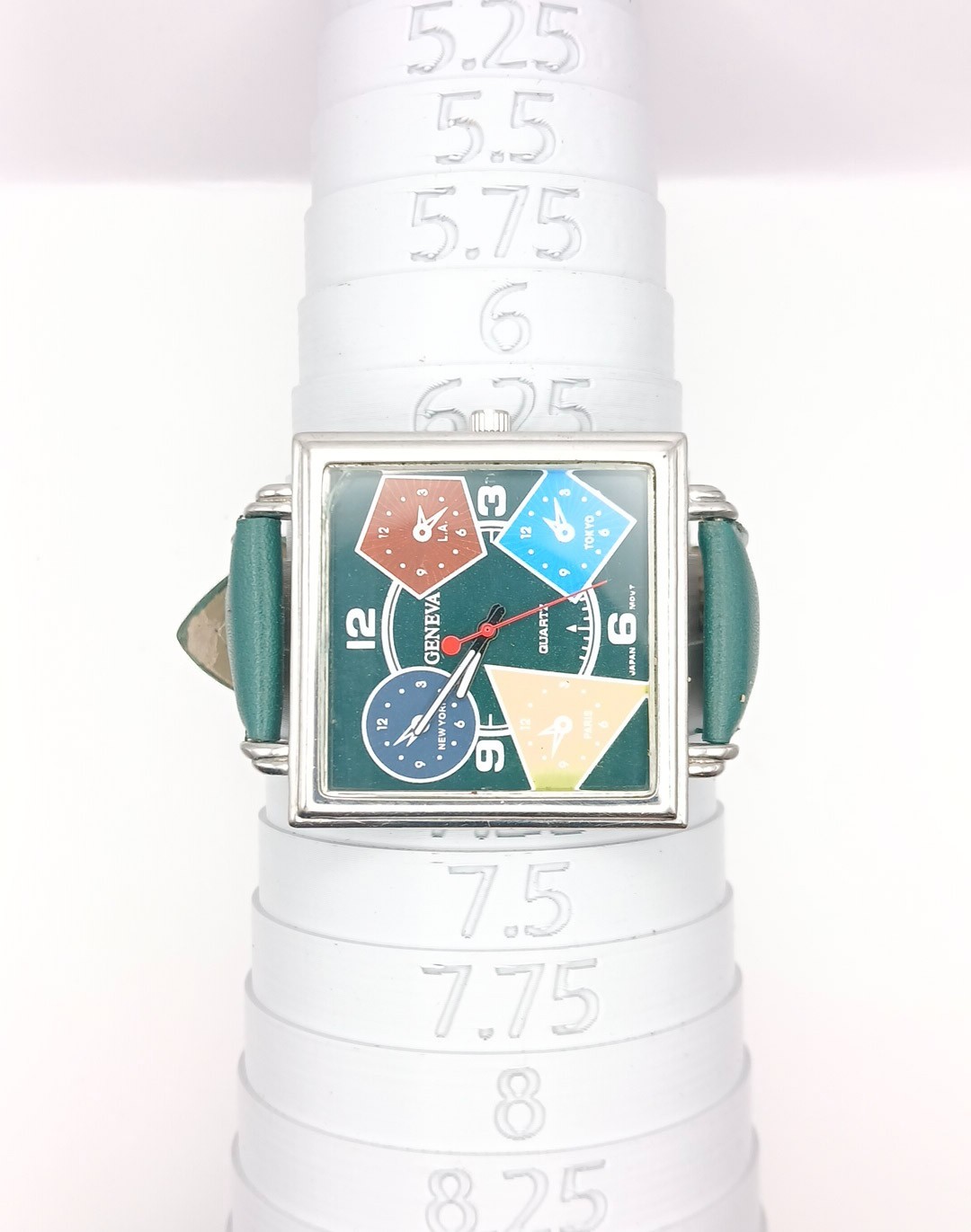 Geneva Multi-Time Zone Watch Square Face Dark Green Strap Novelty Retro Style