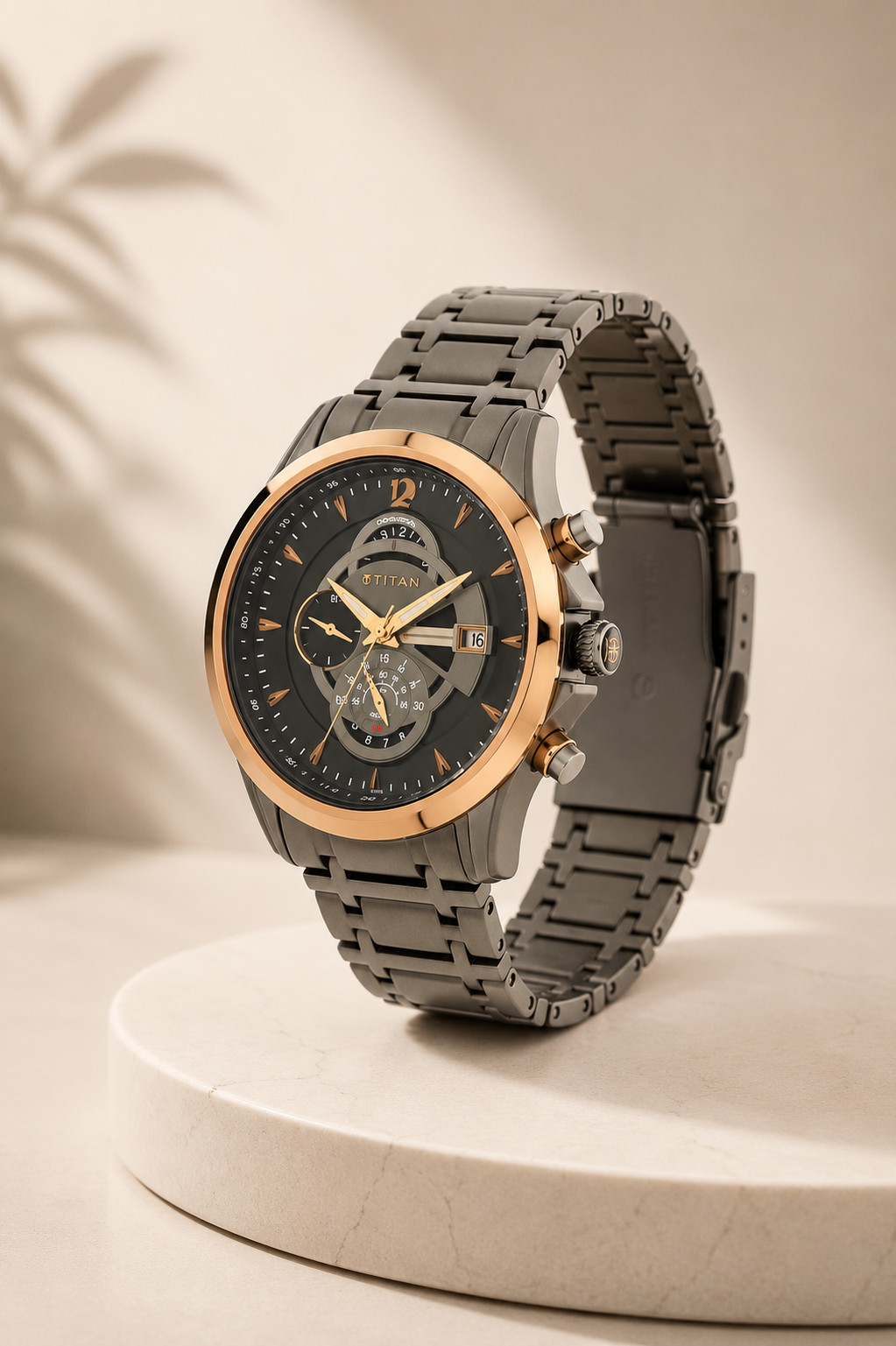 Titan Regalia Maritime Mens Chronograph Watch Black Dial Grey Steel 50M Sapphire
