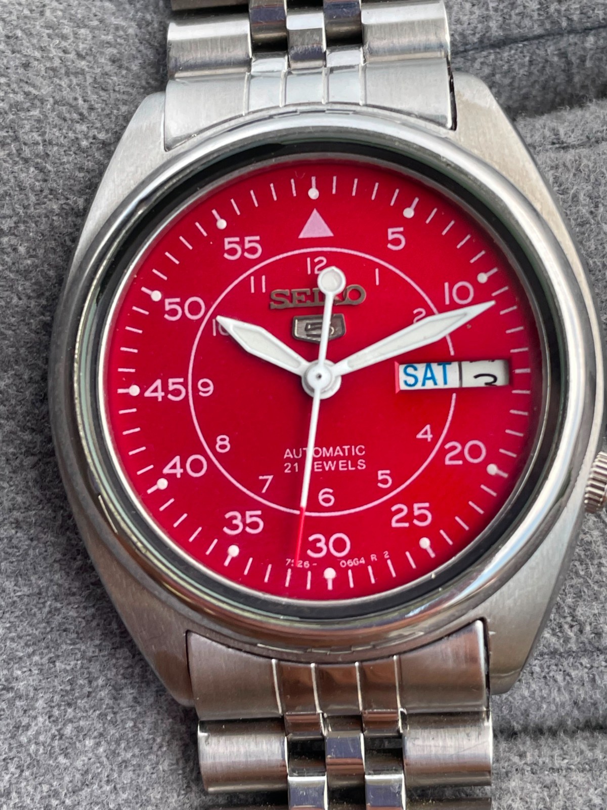 Vintage Seiko 5 Automatic 7s26 Red Dial Mens Wrist Watch