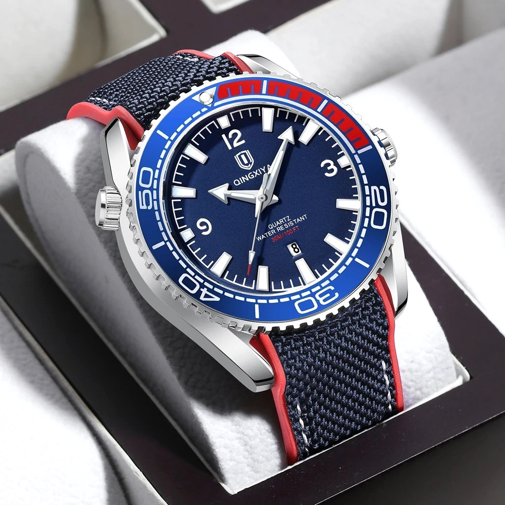 44MM QINGXIYA Quartz Diver Men’s Watch Nylon 30M Waterproof Date Luminous NEW