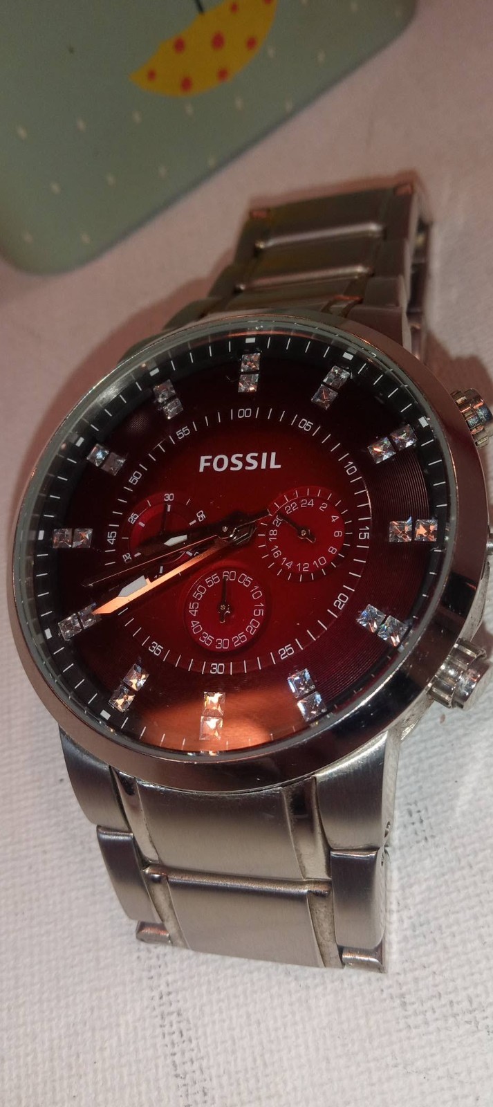 FOSSIL MEN’S FS4696 SILVER CHRONOGRAPH LARGE red DIAL WATCH 47mm Case diamond