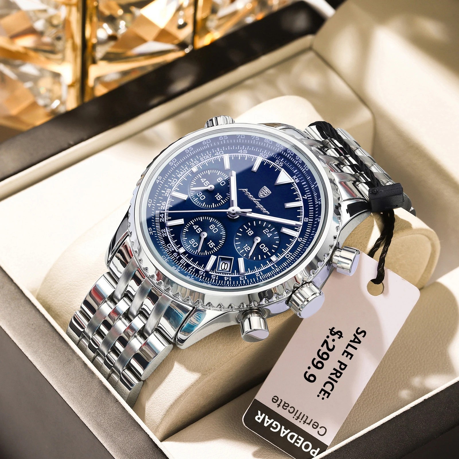 POEDAGAR Men’s Quartz Chronograph Watch Stainless Steel Waterproof Luminous