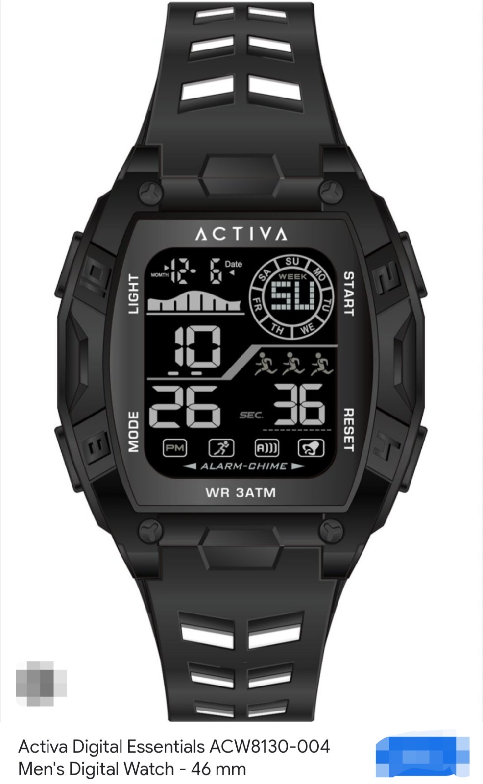 Activa Digital Essentials Men’s Digital Quartz 46mm Black Plastic Alarm 30m