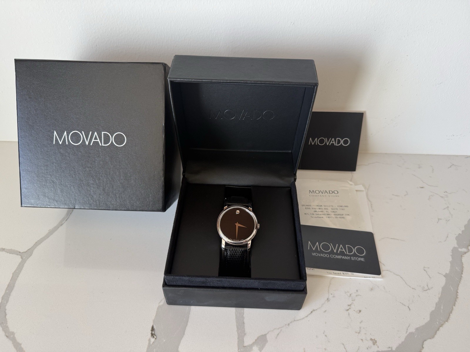 Movado Men’s Museum Black Dial Black Leather Strap Quartz Watch MO.01.1.14.6000