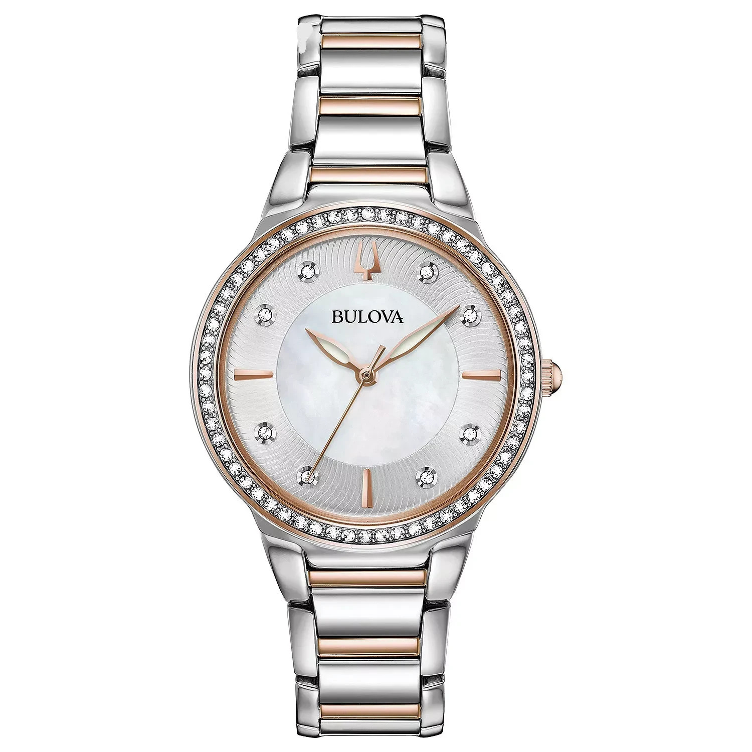 Bulova Women’s Crystal Accent Quartz Rose Gold Silver Watch 32MM 98L258
