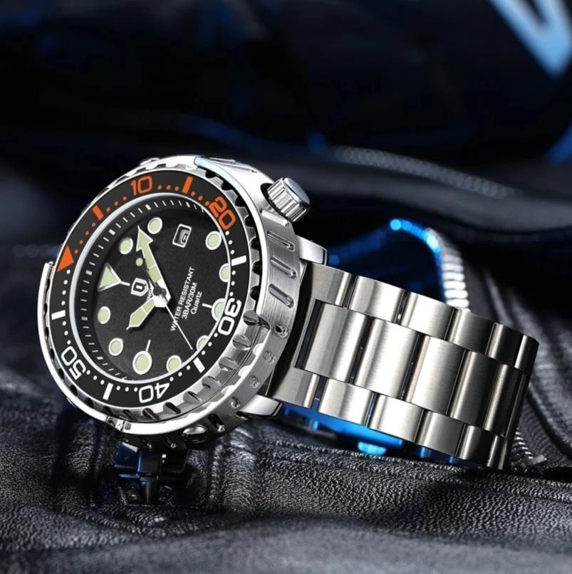 44MM QINGXIYA Tuna Quartz Mens Watch Stainless Steel 30M Waterproof Luminous NEW